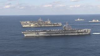 US Navy Three Carrier Formation in Western Pacific Ocean [upl. by Alethia]